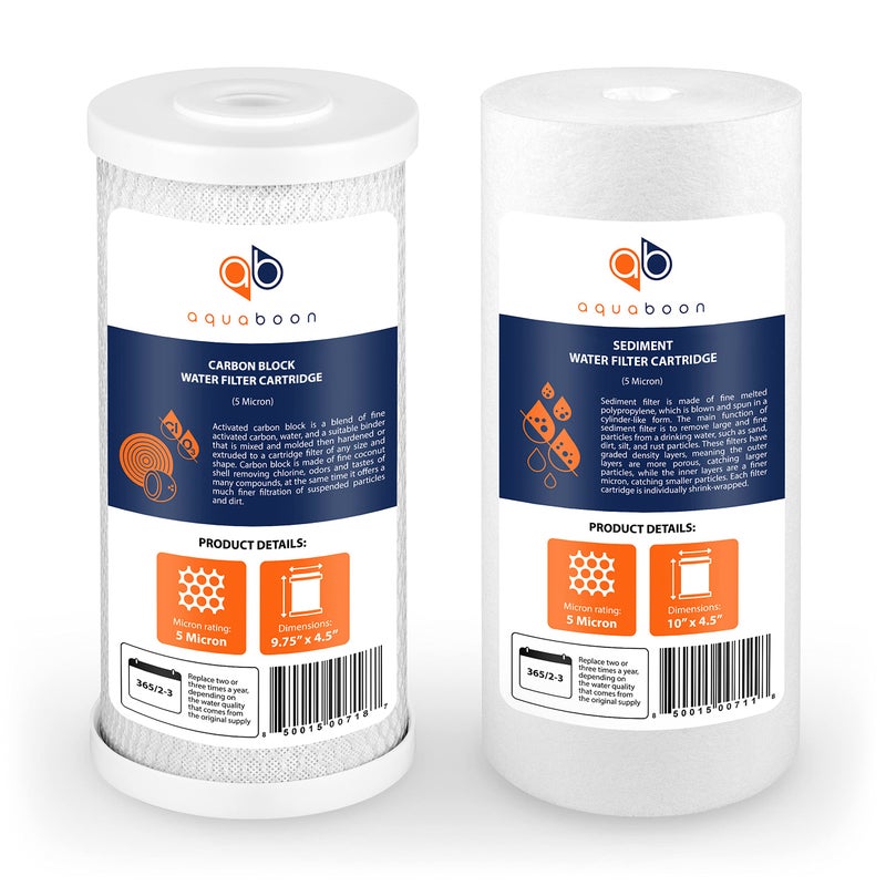 Aquaboon 5 Micron 10 x 4.5 Whole House Water Filters Cartridges Replacement Set of Carbon & Sediment Filters Compatible with FXHTC, DGD-5005, 2 Pack - Image 1